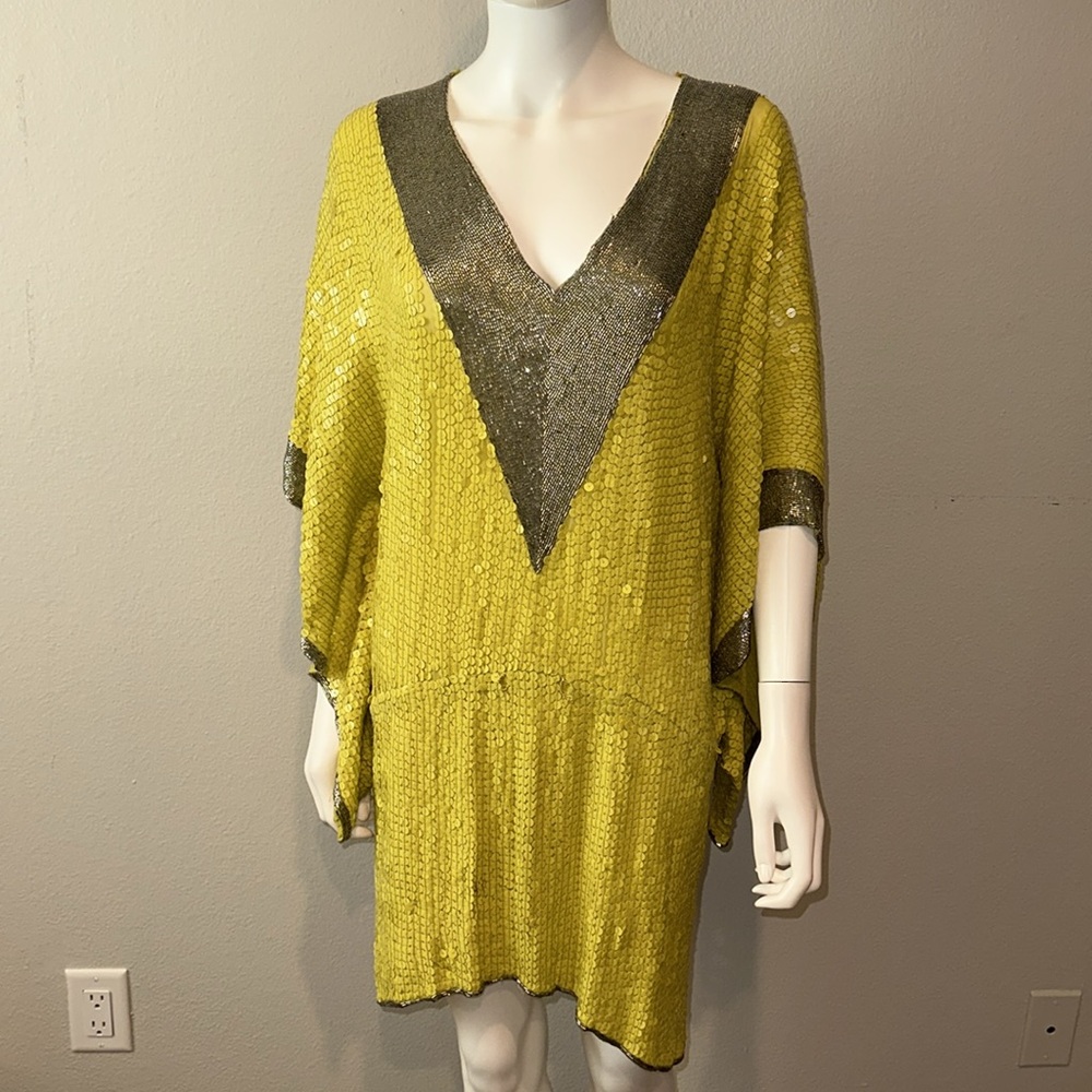 CAMILLA yellow sequin beaded short kimono kaftan runway dress OS *READ* - Picture 2 of 13